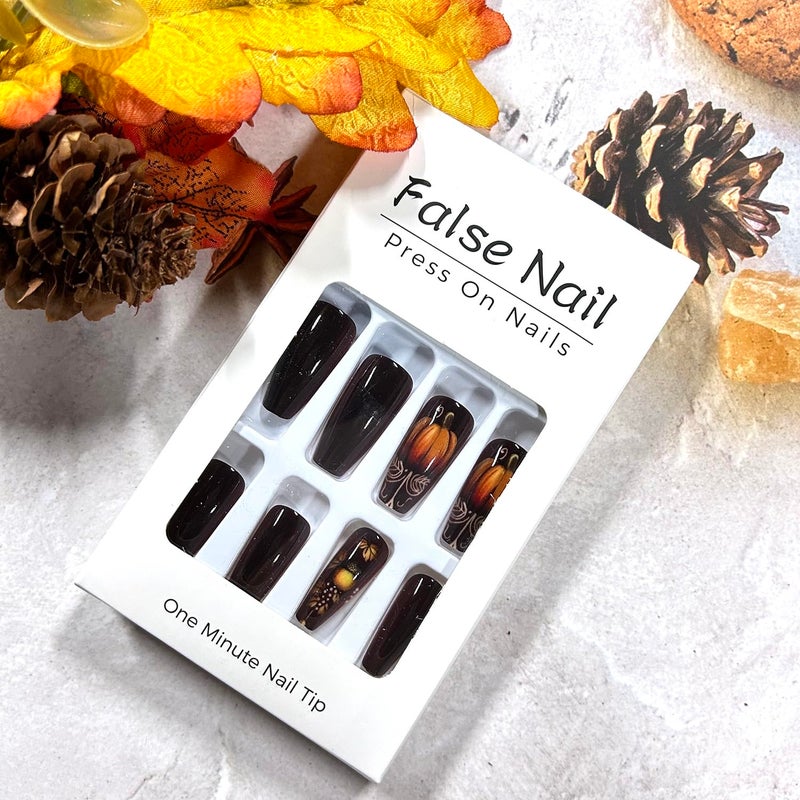CJDLTS 24Pcs Maple Leaf Press on Nails Medium Ballet Shaped Thanksgiving Day Acrylic Nails Pumpkin Stick on Nails Full Cover Glossy Brown Fall Artificial Fingernails Festival Glue on Nails for Women - Image 5